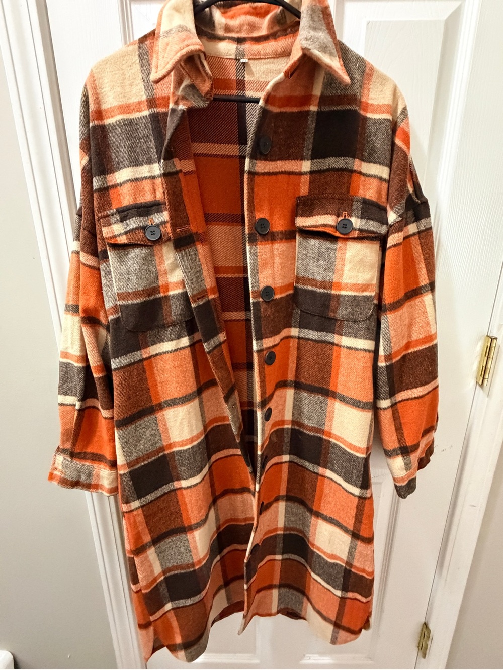 Plaid Longline Shacket Jacket in Orange and Brown